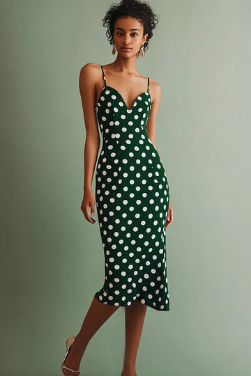 Green Spaghetti Straps Sheath White Polka Dot Dress